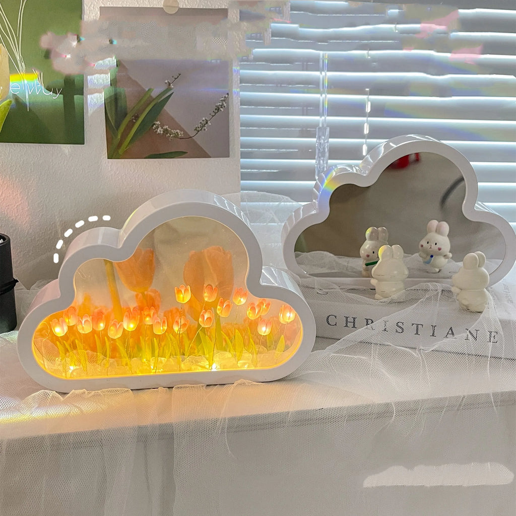 Tulip night lamp DIY kit with pink cloud tulip LEDs and mirror face on a desk
