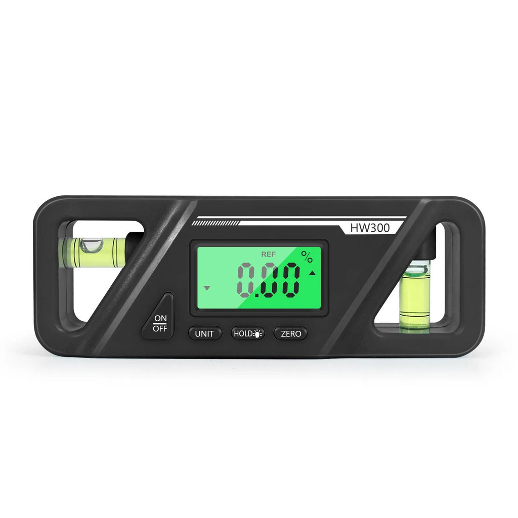 Digital magnetic inclinometer angle gauge showing display, placed on a metal surface.