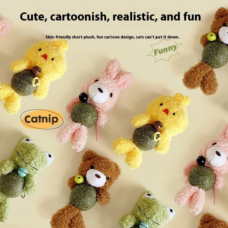Plush cat toy with catnip ball and bell in animal designs for feline dental relief and play