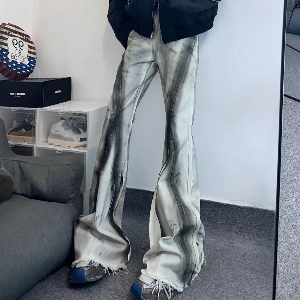 White cotton denim jeans with black ribbon gradient effect and heavy rough selvedge detailing