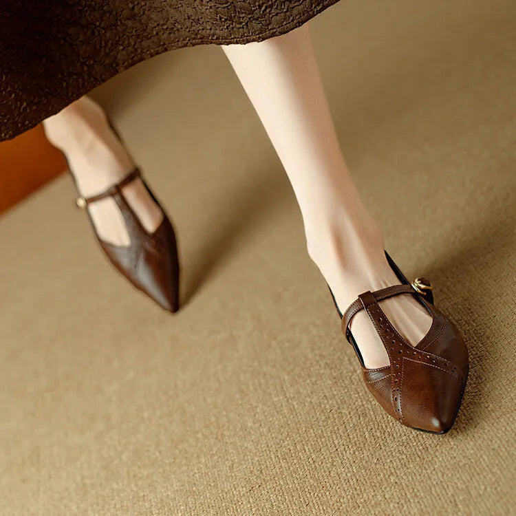 Brown women's cowhide flat shoes with round toe and mid heel for casual wear