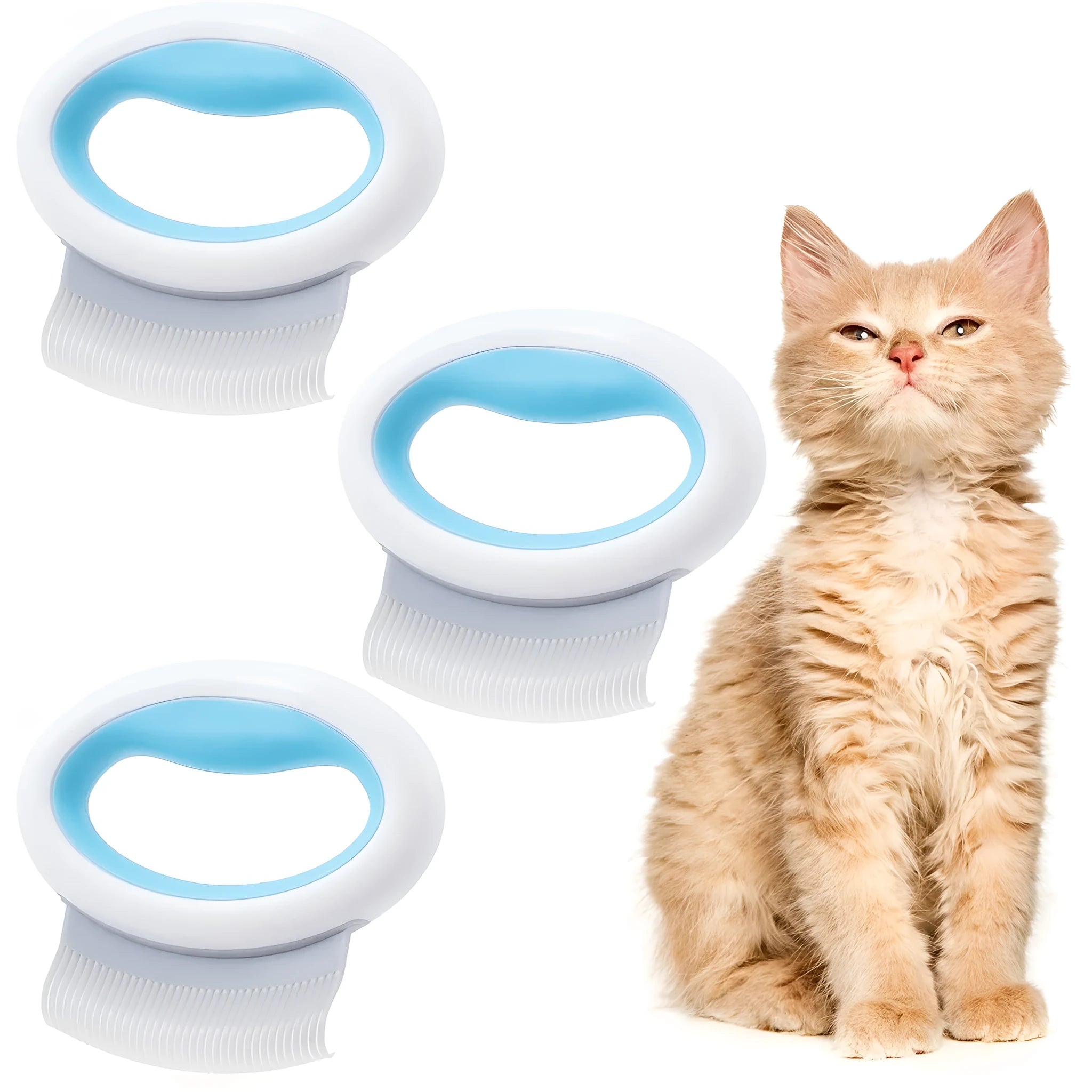Blue plastic pet grooming comb with soft teeth and an ergonomic handle on a white background.