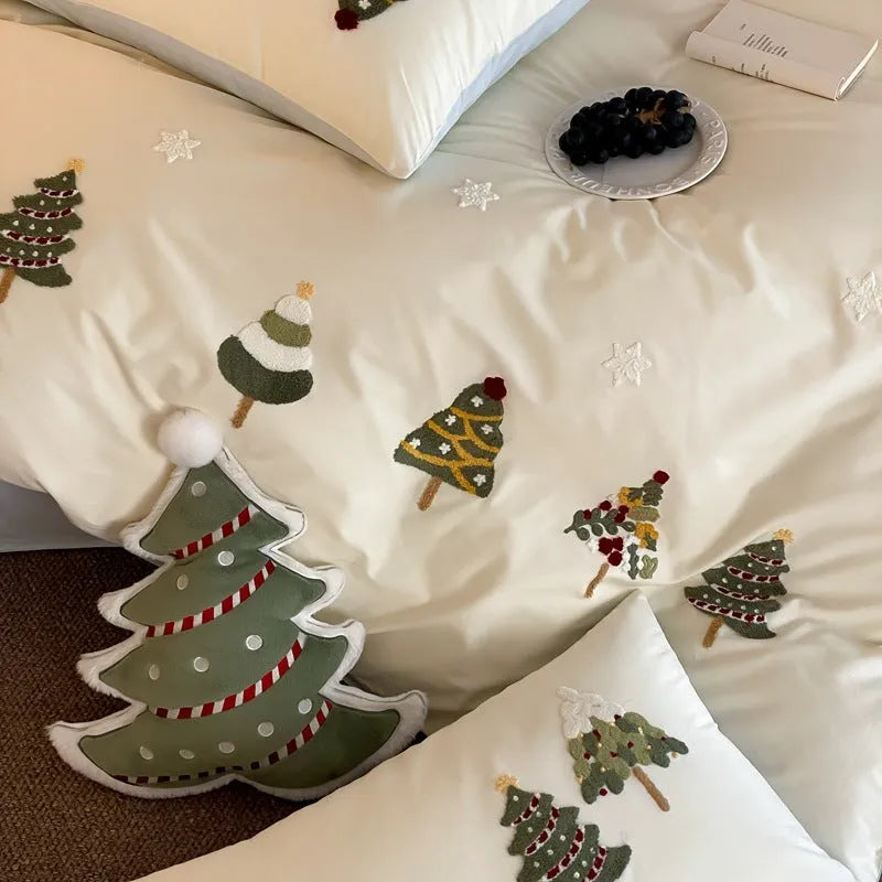 Cute Christmas tree towel embroidered pure cotton bedding set in cream blue or green green with floral patterns