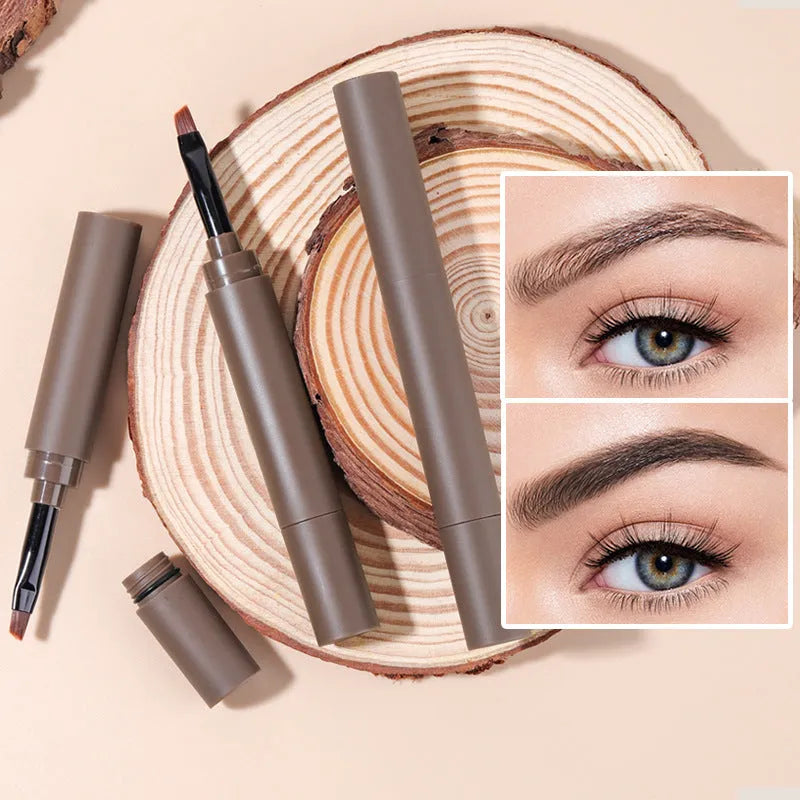 Double-headed eyebrow cream showing pencil and powder ends with five shade options displayed