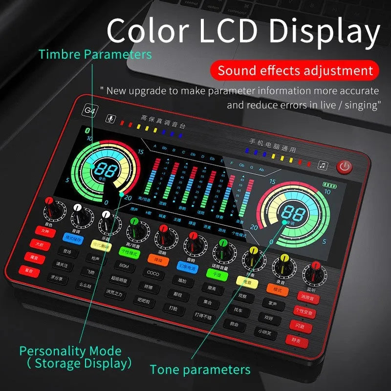 G4 professional live broadcast sound card set with LCD screen, microphone, audio cables, and remote control.