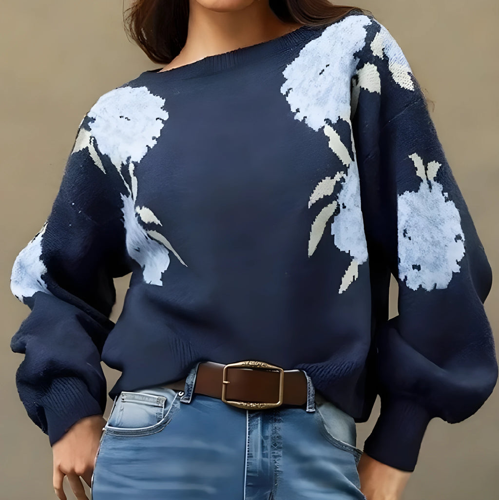 Sapphire blue women's pullover with flower jacquard pattern, loose casual fit with long sleeves
