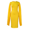 Long sleeve evening gown with pleated shawl collar and high waist design