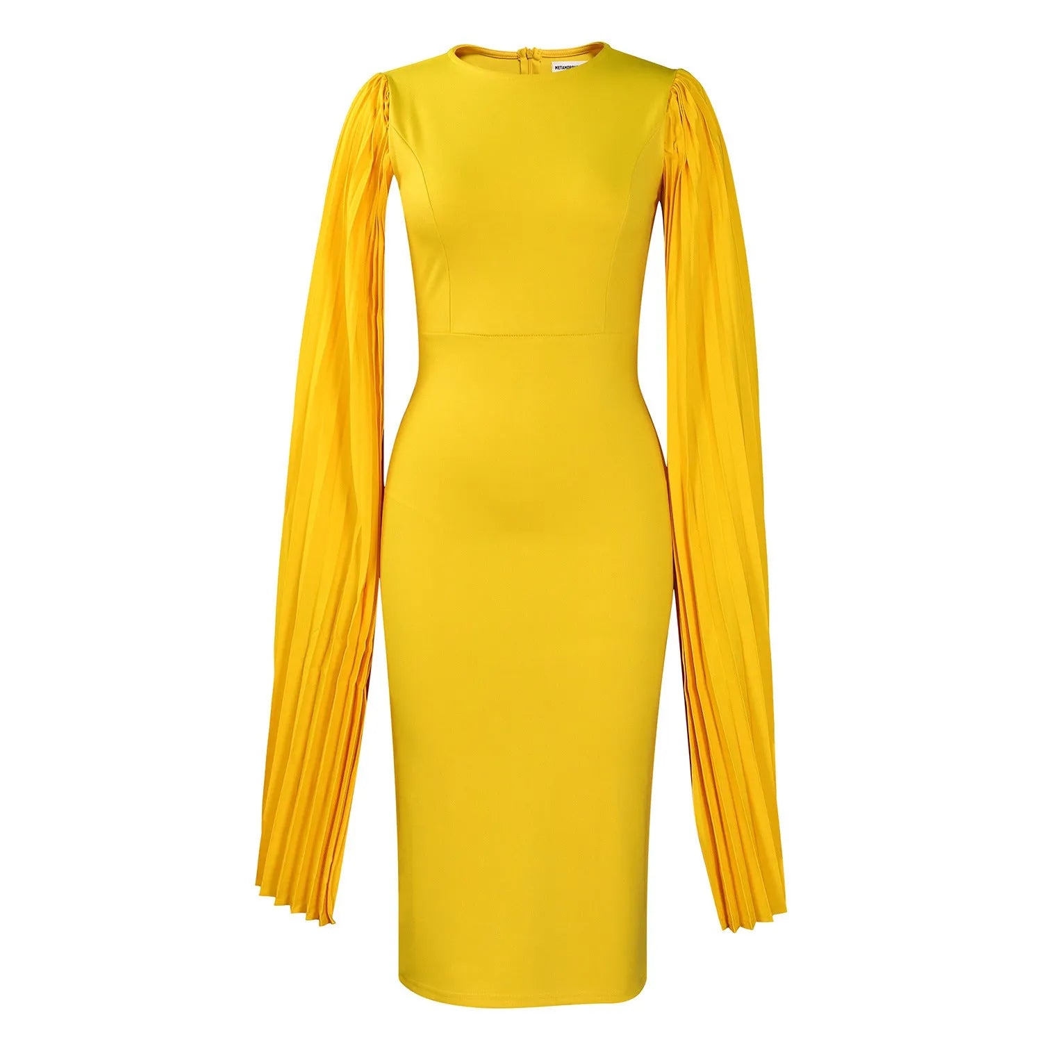 Long sleeve evening gown with pleated shawl collar and high waist design