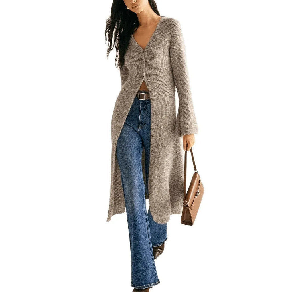 Khaki viscose acrylic blend button-front long sleeve cardigan for women, classic cardigan model