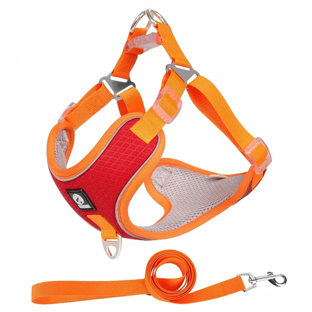 Adjustable dog harness in light purple colour with reflective piping and breathable mesh fabric