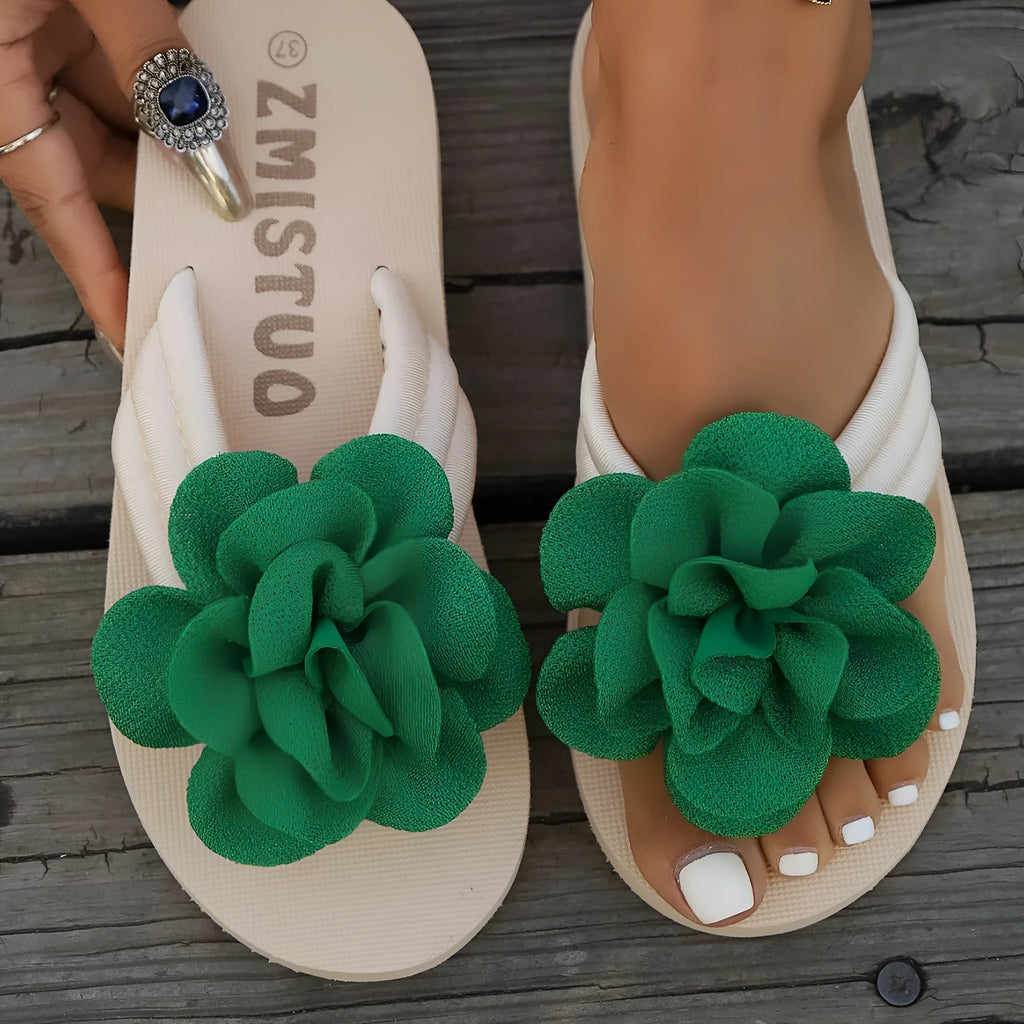 Plus size flower solid colour PU slippers in beige with open round toe, side view