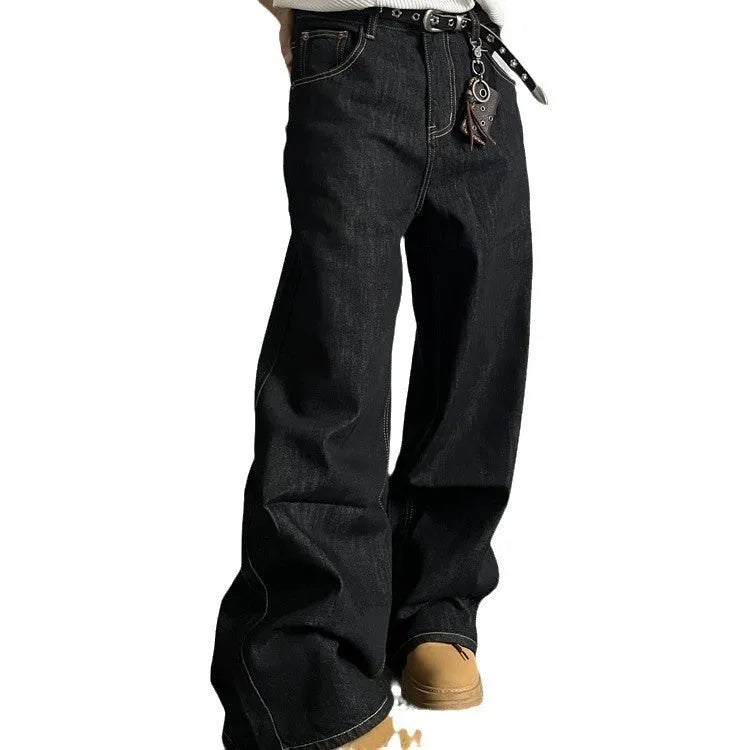 Black retro straight-leg jeans with loose wide-leg fit and zip fly