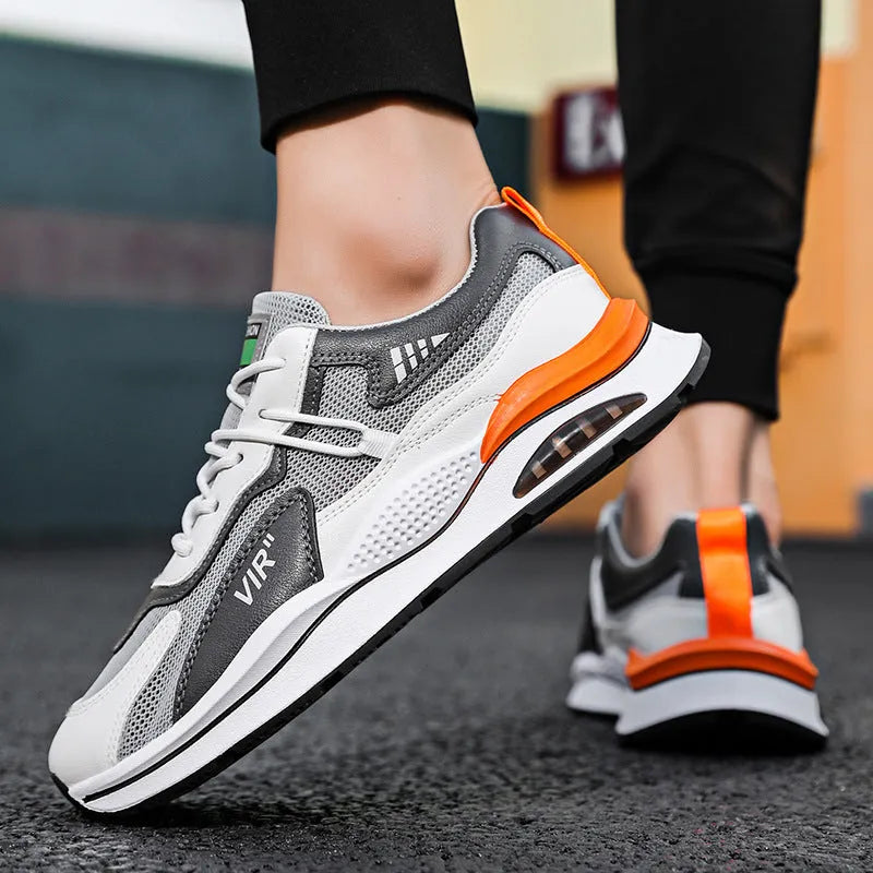 Men's grey mesh running shoes with round toe and lightweight EVA sole