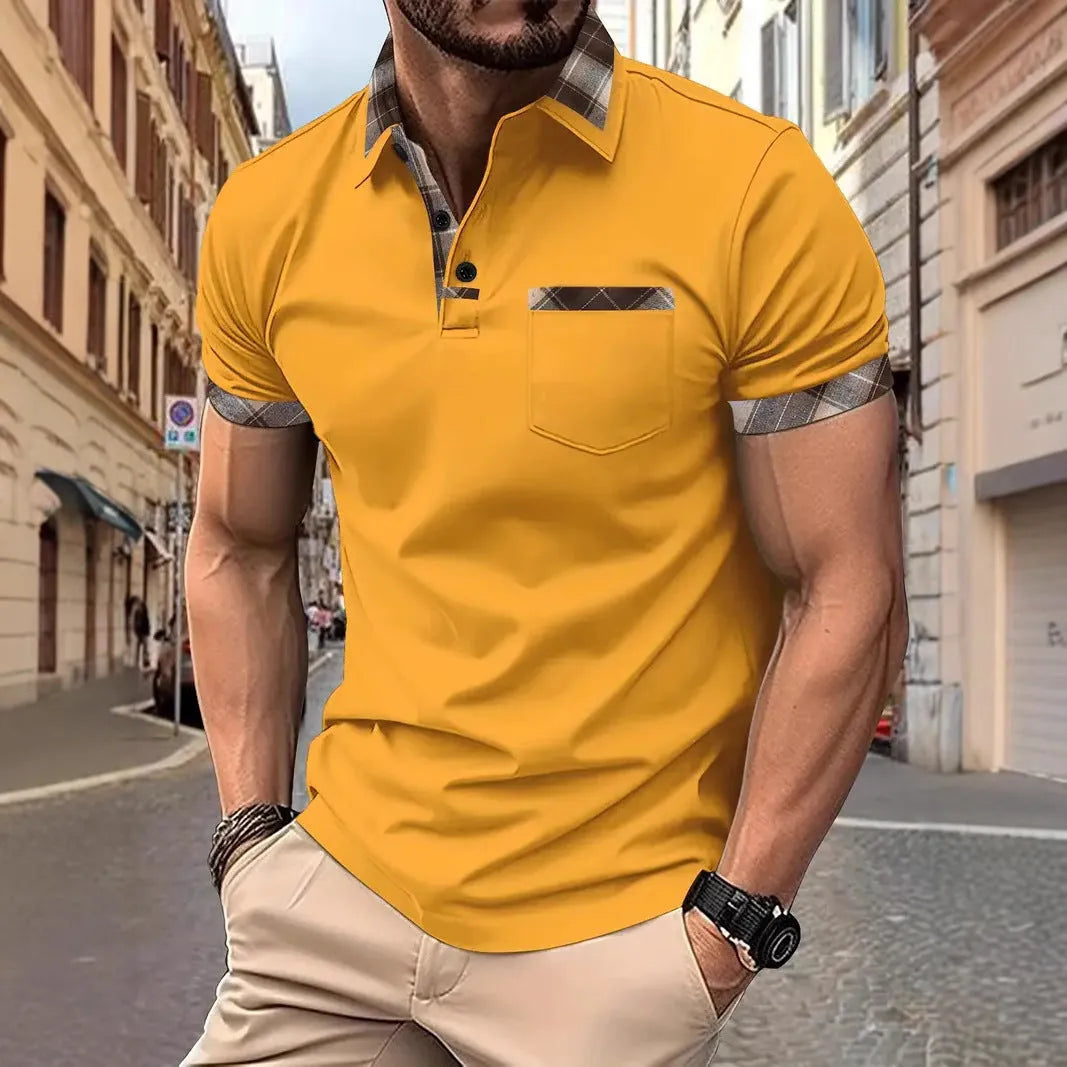 Men's loose fit plaid colourblock t-shirt with decorative zipper elements on short sleeves