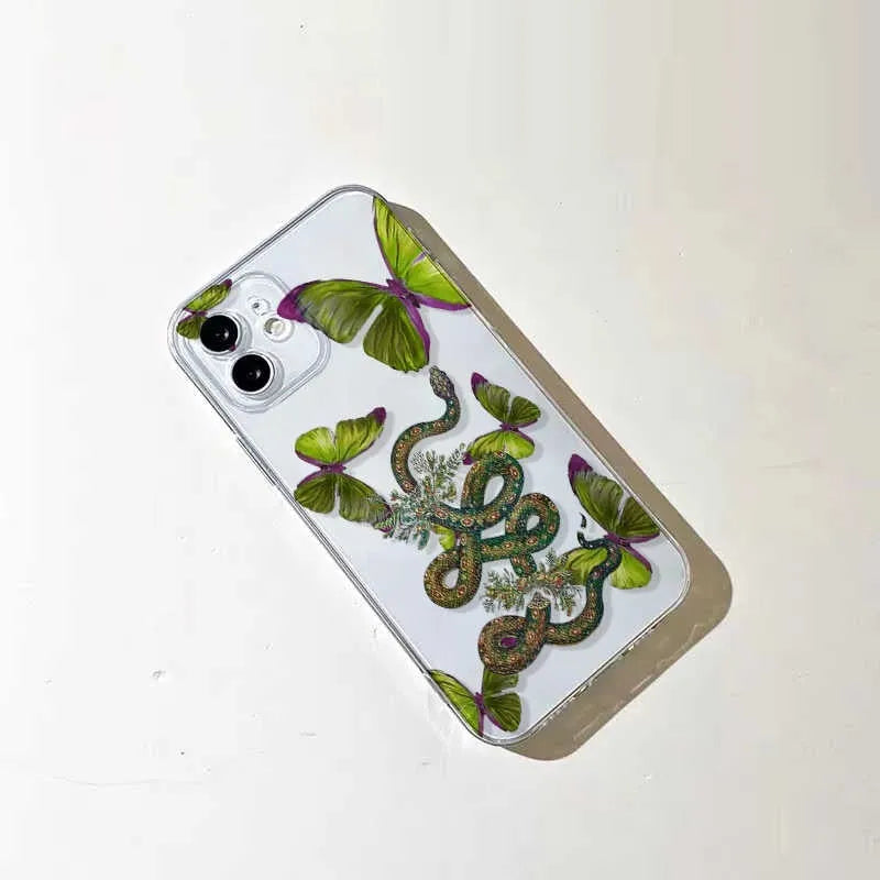 Creative butterfly snake silicone phone case for Apple iPhone, transparent and frosted finish