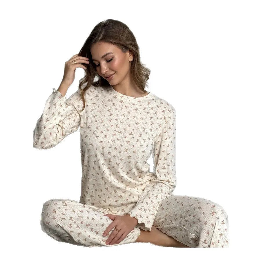 Women's white floral print bell sleeve top and wide leg trousers polyester suit set