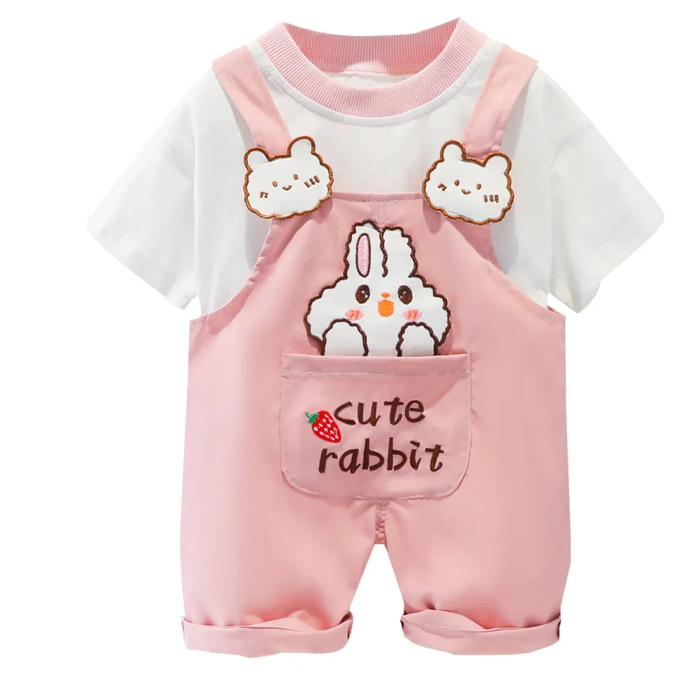 Cotton baby cartoon overalls in khaki with adjustable straps, shown on size chart for 70cm to 110cm.