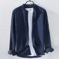Men's loose fit long sleeve linen cotton shirt in solid colours: dark blue, light blue, khaki, grey, white