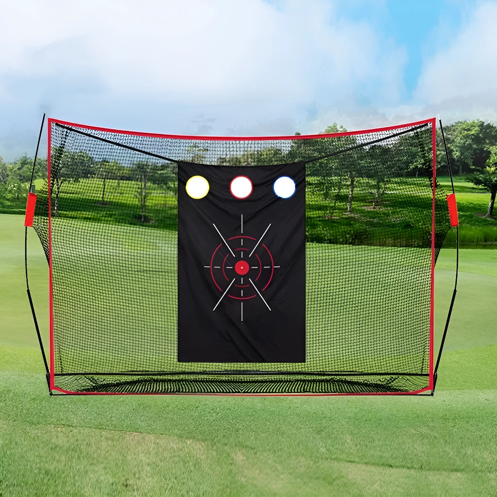 Golf swing wedge training net with 3-hole cross net and straw mat practice area