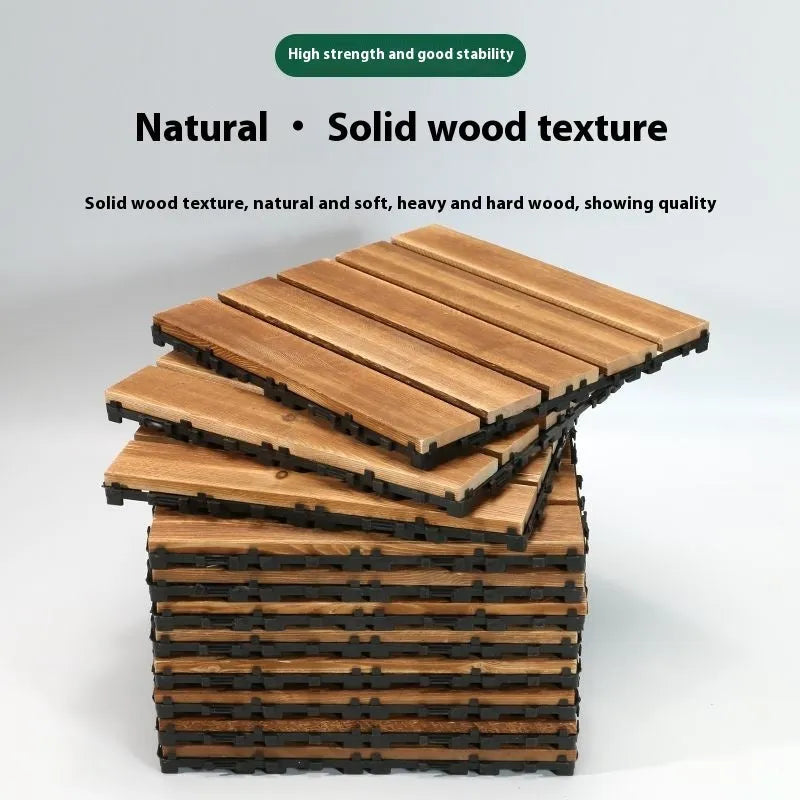 Camphor pine wood flooring tiles showing interlocking edges and wood grain texture