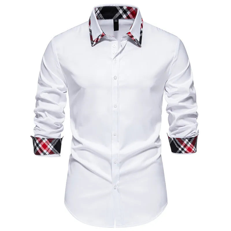 Men's blue plaid long sleeve shirt with a white contrast triangle collar, cardigan style