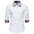 Men's blue plaid long sleeve shirt with a white contrast triangle collar, cardigan style