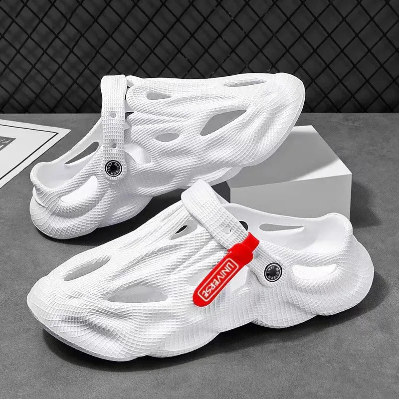 Korean-style grey EVA foam closed-toe slippers with a frosted texture and thickening sole.