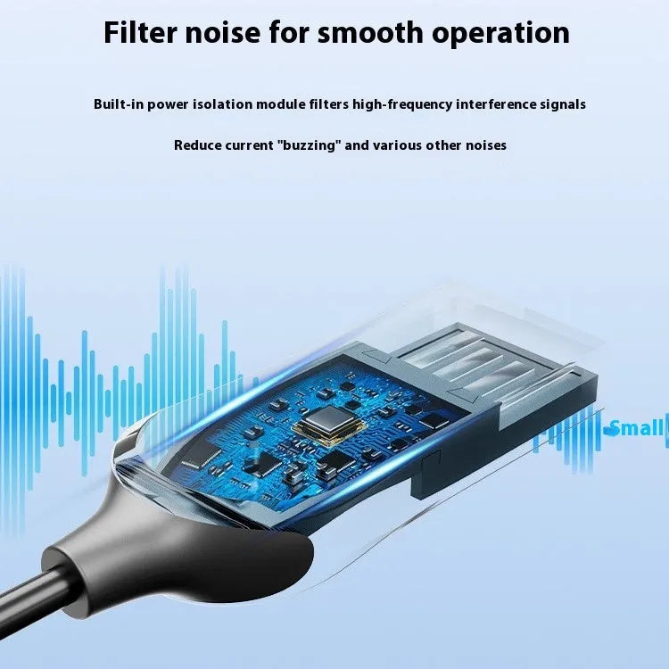 NAI model USB car Bluetooth audio receiver with black PU quilted cable, zinc alloy USB plug, and copper 3.5mm jack.
