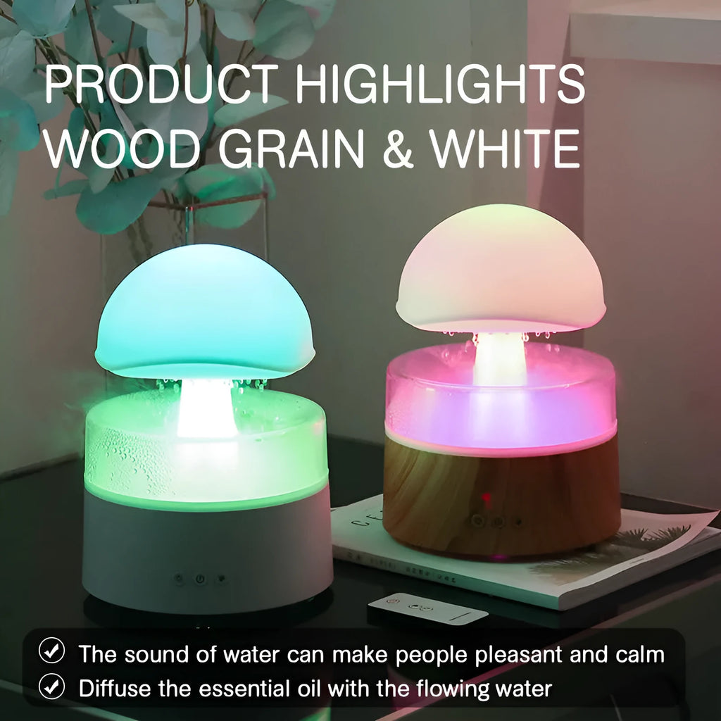 White cloud-shaped humidifier with falling water droplets and coloured night light
