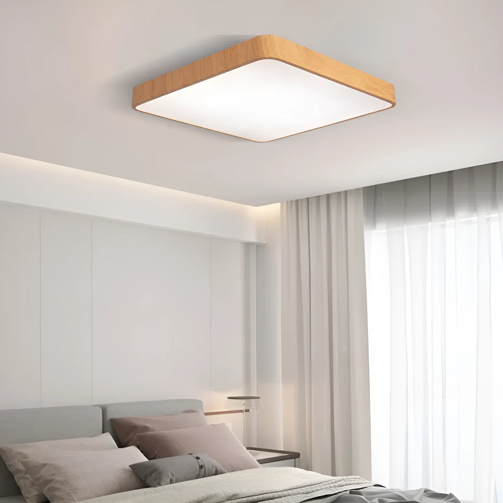 Nordic modern LED bedroom light with wood grain finish in square design