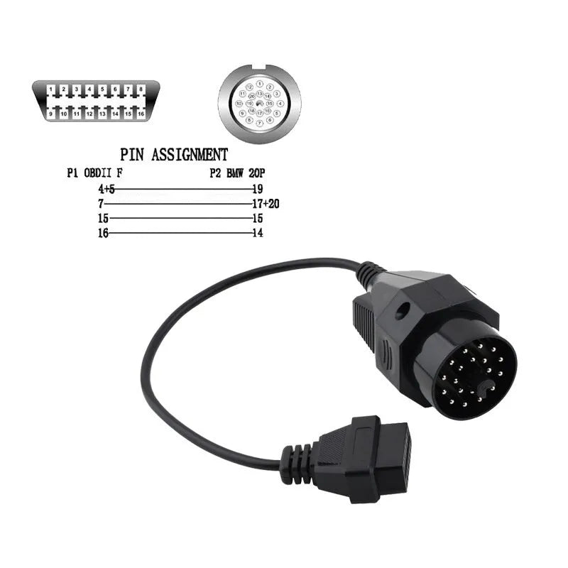 BMW OBD2 20-pin to 16-pin diagnostic cable adapter for vehicle scanner compatibility