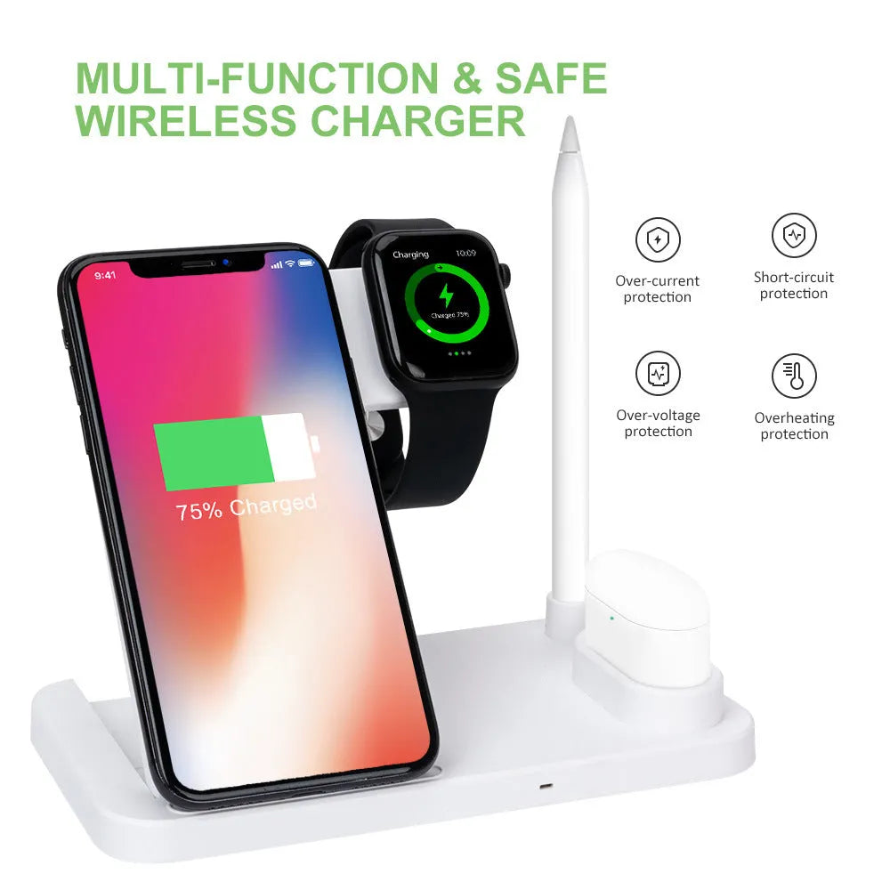 Folding 4-in-1 wireless charger in black showing vertical charging position for Apple iPhone
