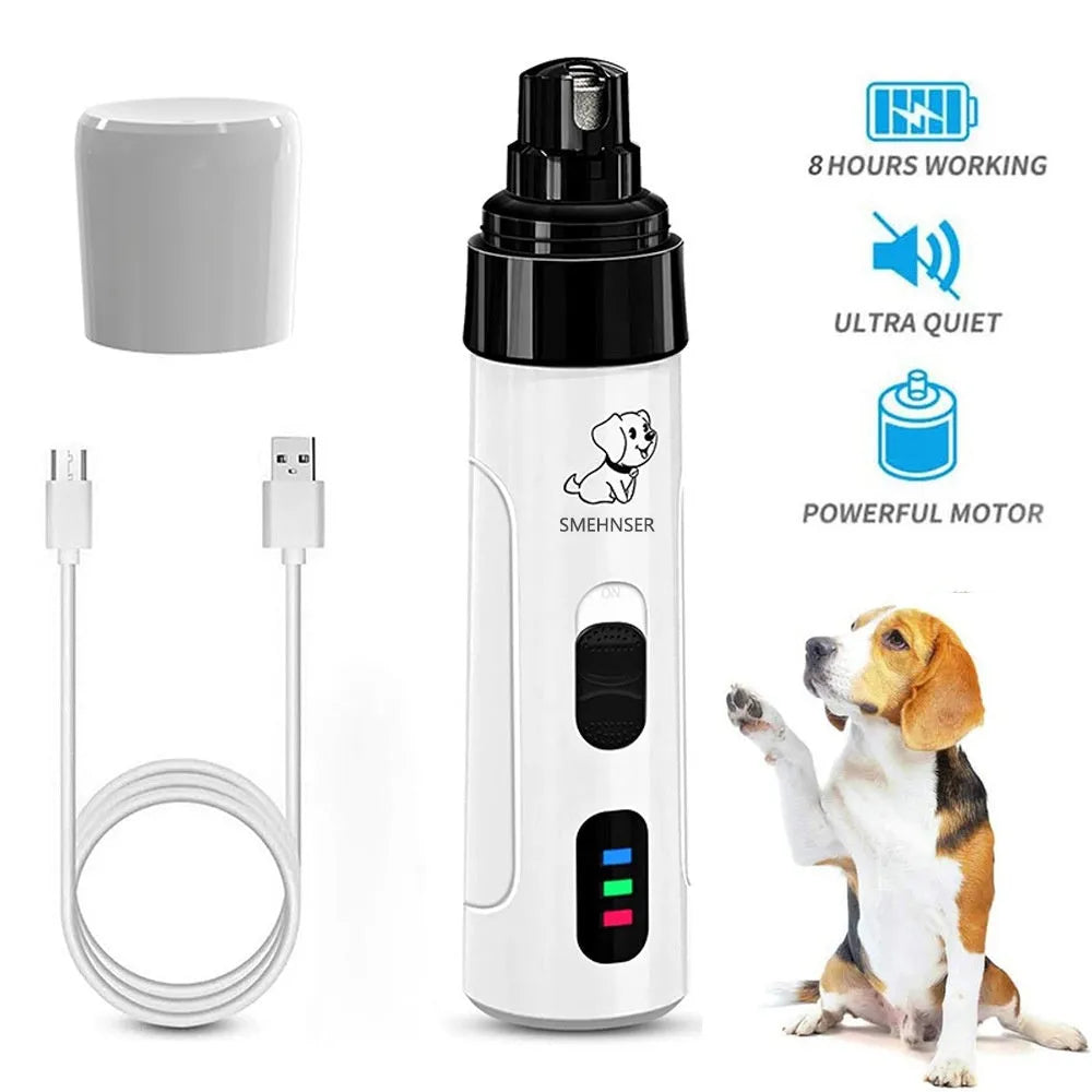 Electric dog nail grinder device with LED display showing speed settings and dust collection port