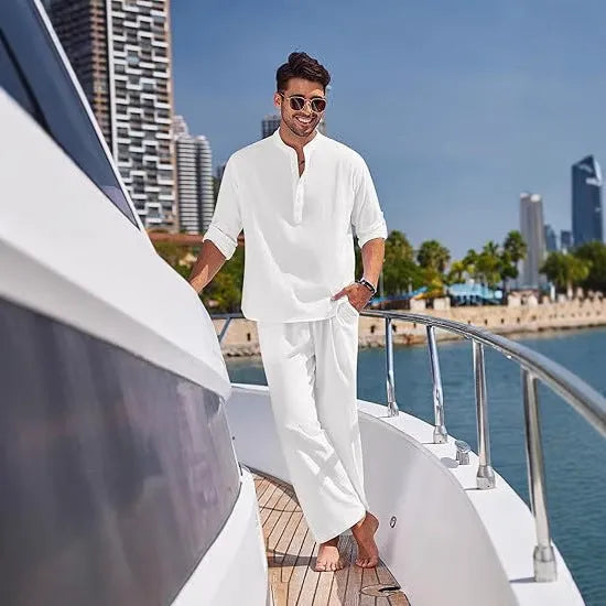 Cotton men's long sleeve trousers suit in solid colour for casual leisure wear