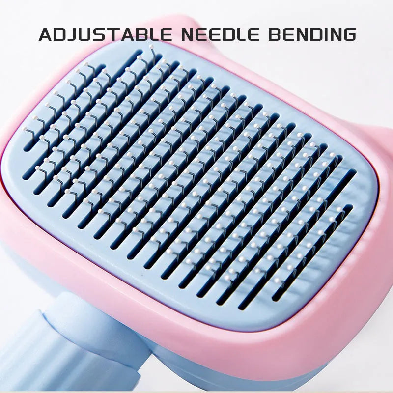 Blue double-sided pet grooming brush with deshedding rake and dematting comb on a white background.