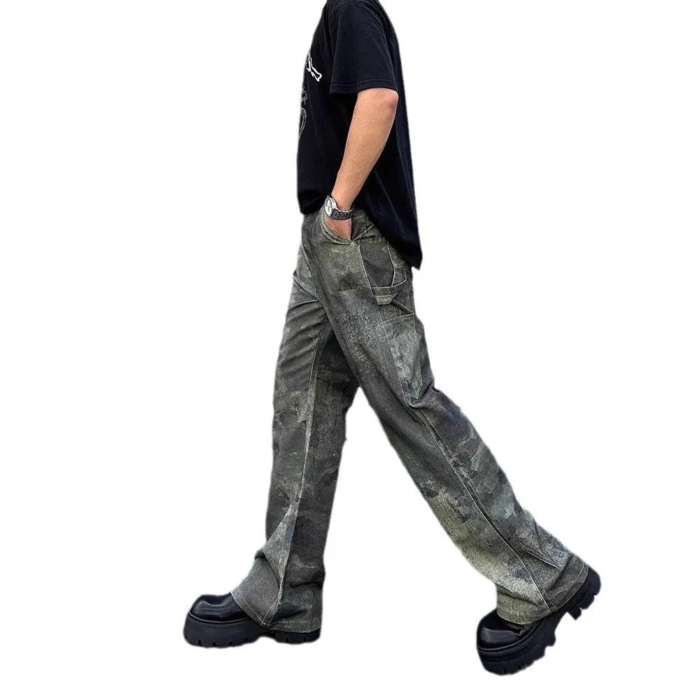 Men's straight leg jeans with a digital camouflage pattern in a retro style, shown in mid waist fit.