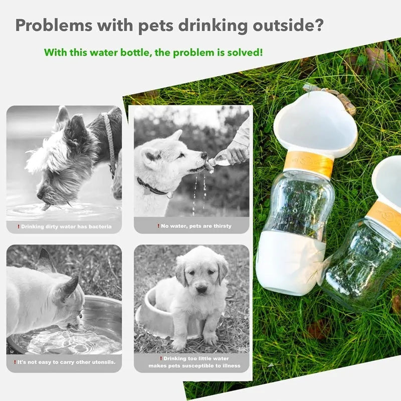Portable dog water bottle with plastic body, rotary switch, and attached belt, showing water dispenser and bottom food container