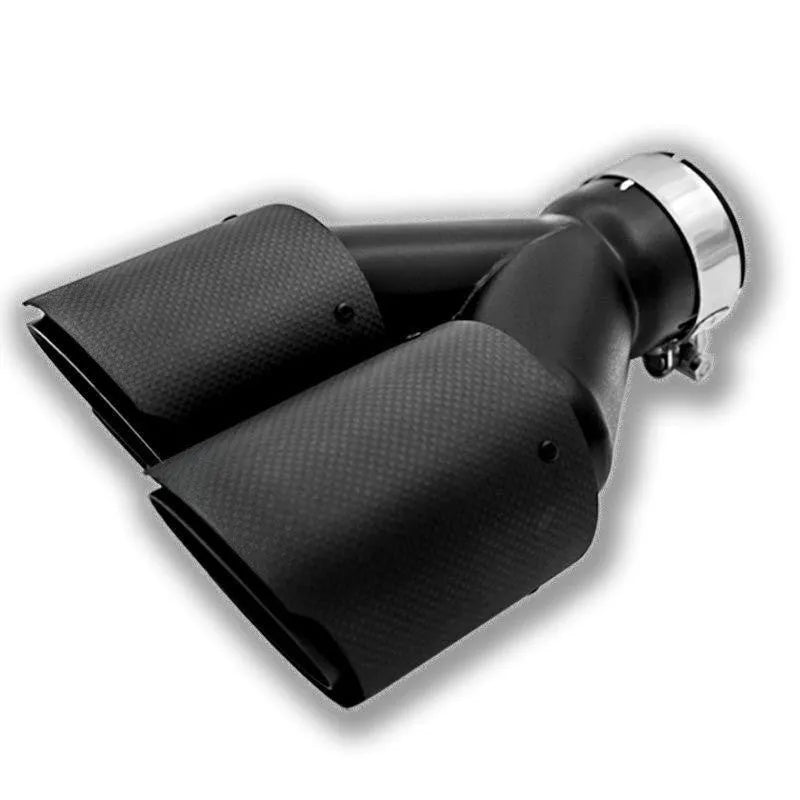 Black carbon fibre car exhaust pipe with twin tail nozzle and dual outlet.