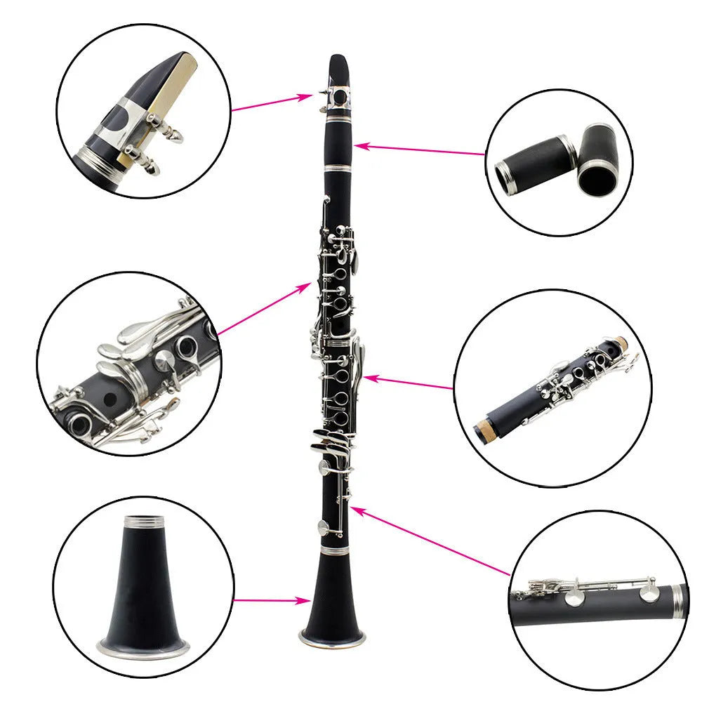 Black bakelite clarinet with 17 nickel keys and a carry bag for beginners.