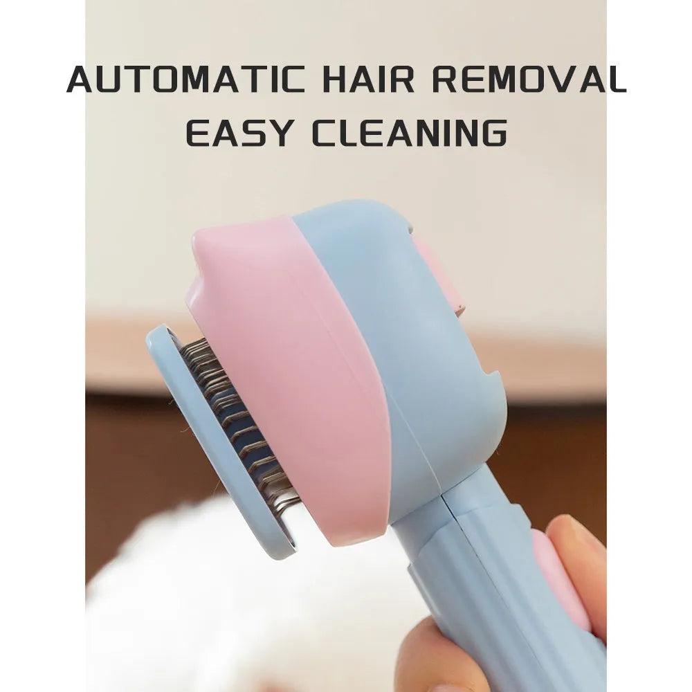 Blue double-sided pet grooming brush with deshedding rake and dematting comb on a white background.