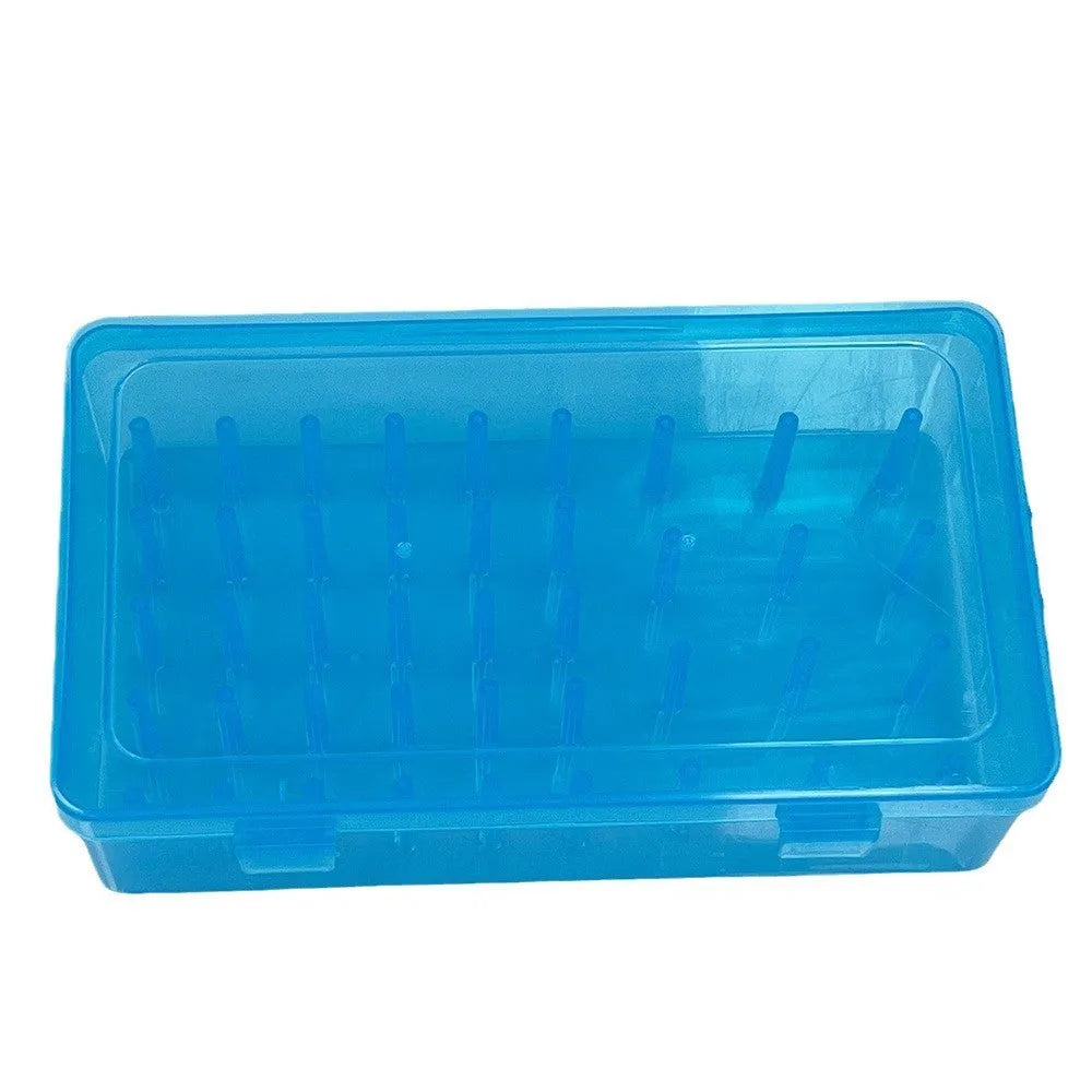 Transparent plastic storage box with 42 small compartments for sewing and embroidery supplies organiser.