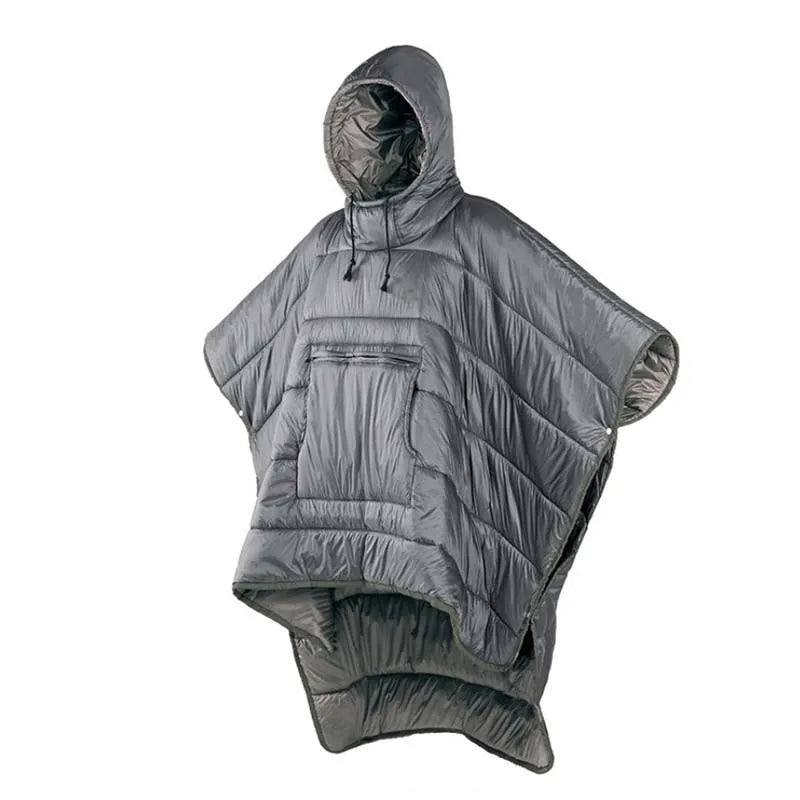 Outdoor cloak sleeping bag shown as wearable cape and flat 200x140cm blanket in army green