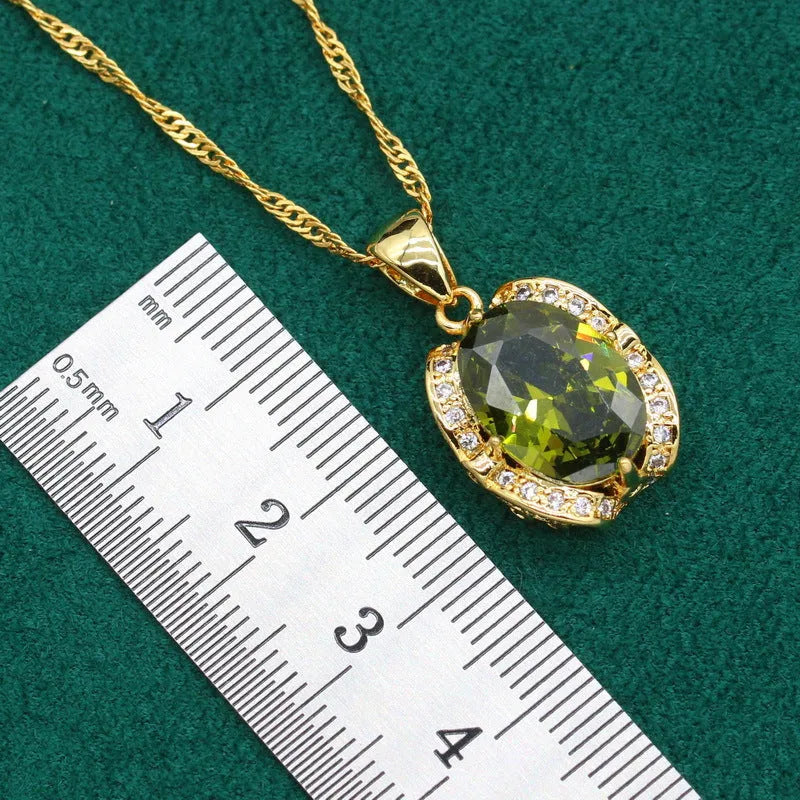 Women's rhinestone zircon jewellery set with necklace, earrings, and ring in copper electroplated finish