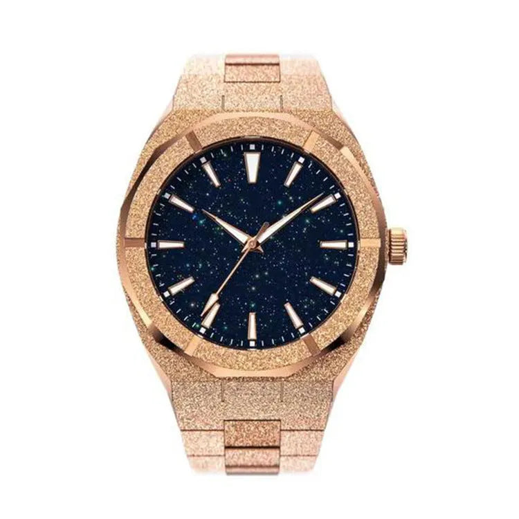 Stainless steel men's watch with gold dial, 42mm quartz movement, water-resistant business dress watch