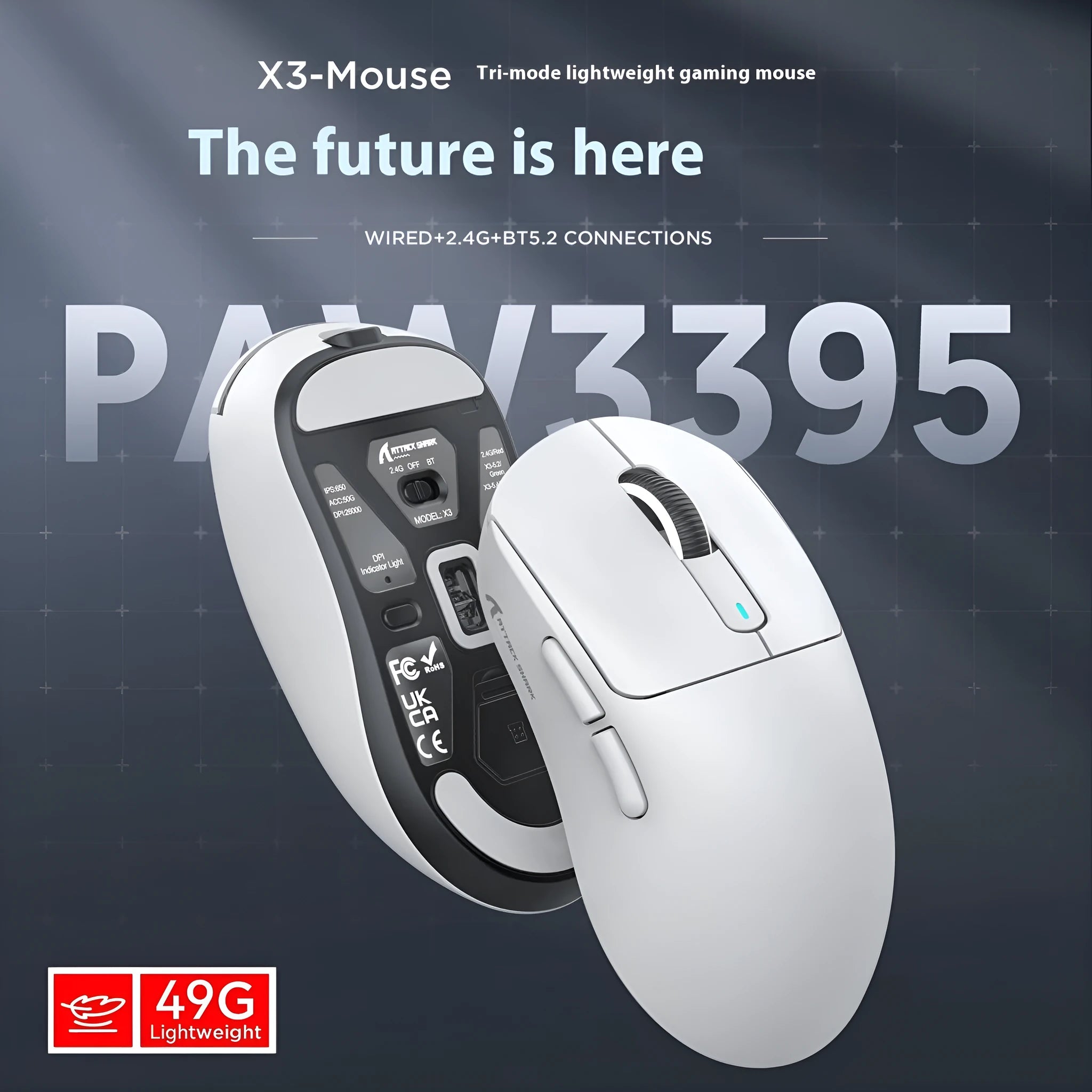 Attack Shark three-mode rechargeable Bluetooth mouse in multiple colour options with USB receiver and charging cable