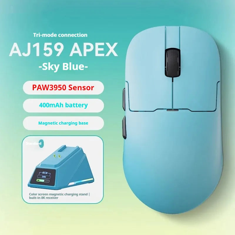 AJ159PRO and AJ159APEX three-mode gaming mouse in various colours on a desk