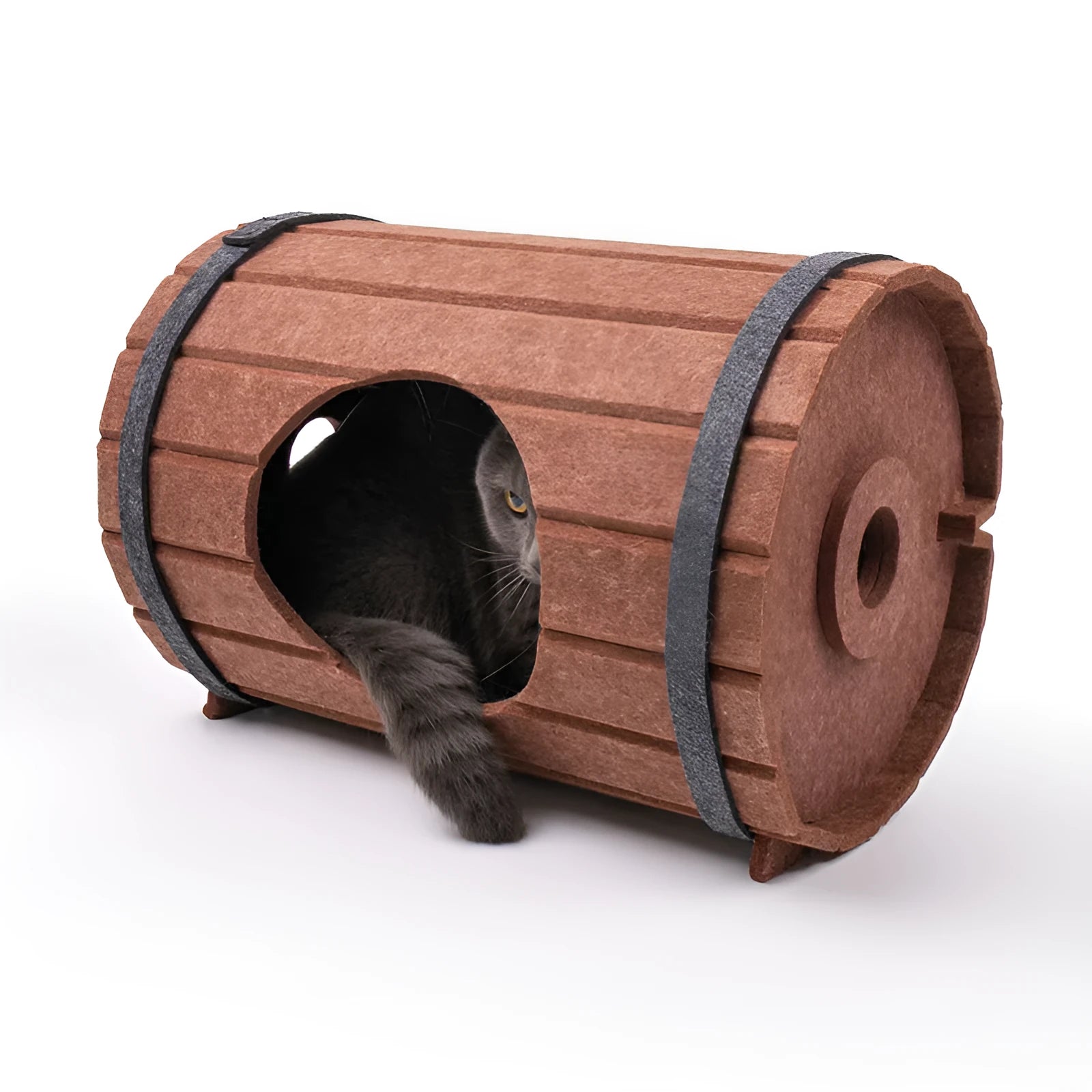 Assembled taupe and cream wine barrel shaped polyester fiber felt cat bed with three panels and two binding straps.