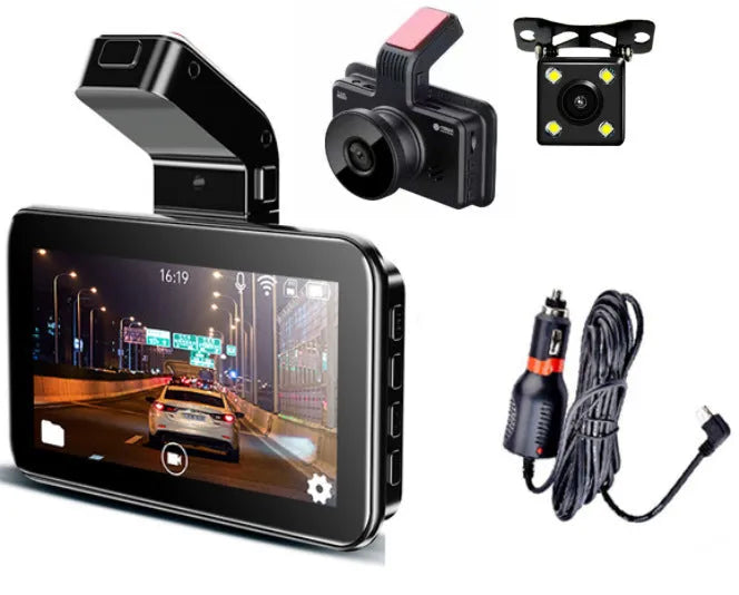 Black 3-inch screen car dash cam with dual lenses for front and rear recording on a car windscreen.