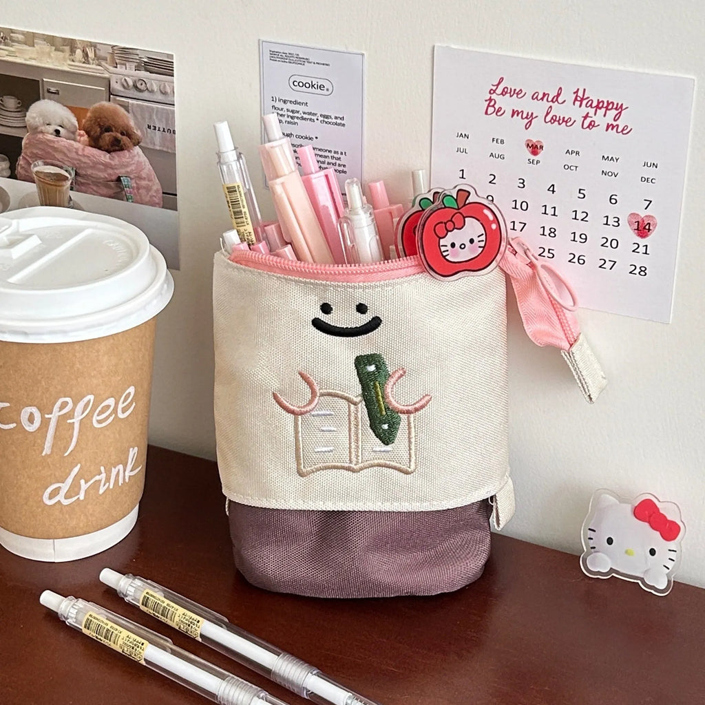 Brown Korean style collapsible Oxford fabric pencil case showing large capacity.