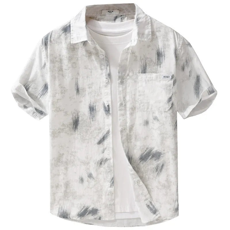 Men's white and light green cotton short sleeve floral print top, loose cardigan style, sizes M to 3XL